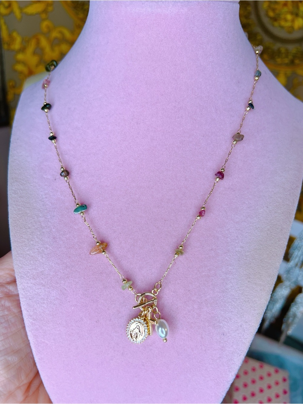 Virgin Mary Cross pearl charm toggle 18” gemstone necklace amethyst pink quartz